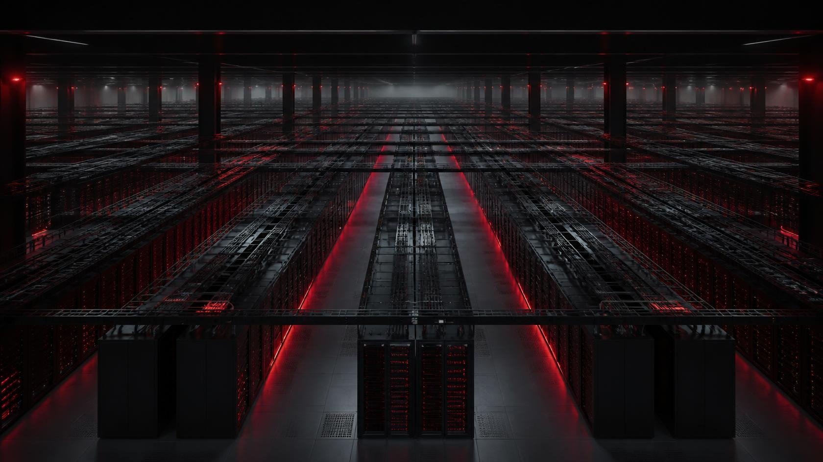 Visualisation of a very large Stage 3 data hall with rows of server racks