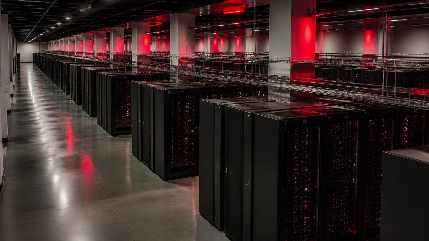 Visualisation of a larger Stage 2 data hall with rows of server racks
